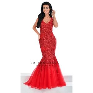 TNL704 MAKE AN OFFER red all over sequins ombré fishtail prom pageant dress